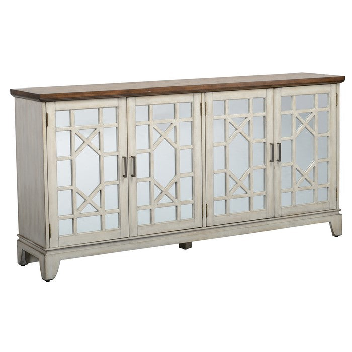 Wooden 4 Doors Sideboard with Mirror Inserts, White and Brown