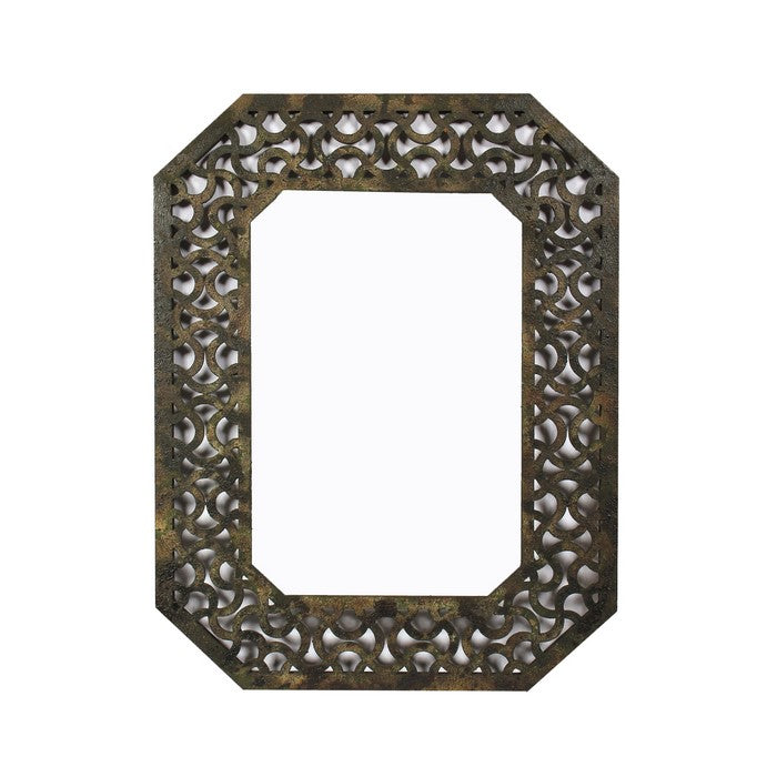 Octagonal Wooden Mirror with Distressed Finish and Bezel Pattern, Bronze