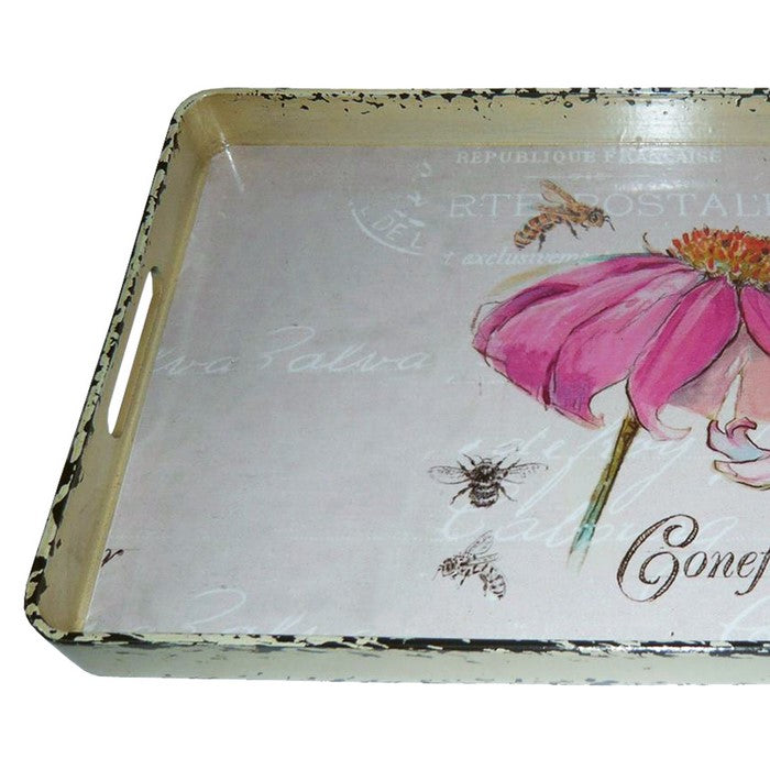 Traditional Rugged Designed Tray with Flower and Bees Print, Multicolor