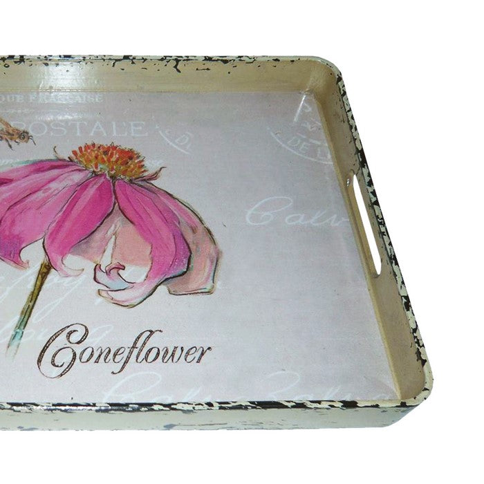 Traditional Rugged Designed Tray with Flower and Bees Print, Multicolor