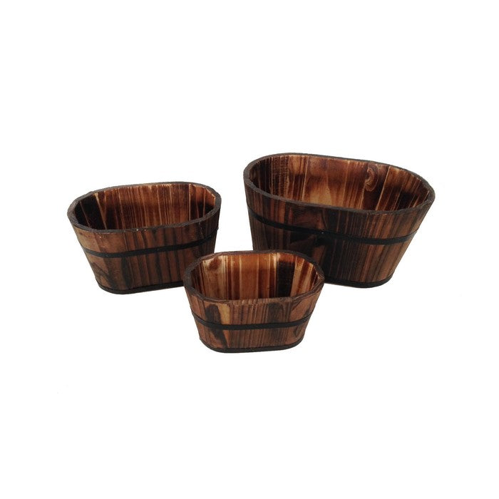 Traditional Oval Shaped Wooden Planters with Narrow Bottom, Set of 3, Brown