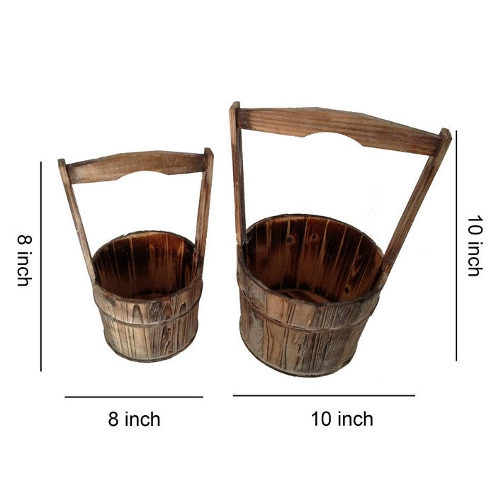 Old School Wooden Planters with Large Heightened Handles, Set of 2, Brown