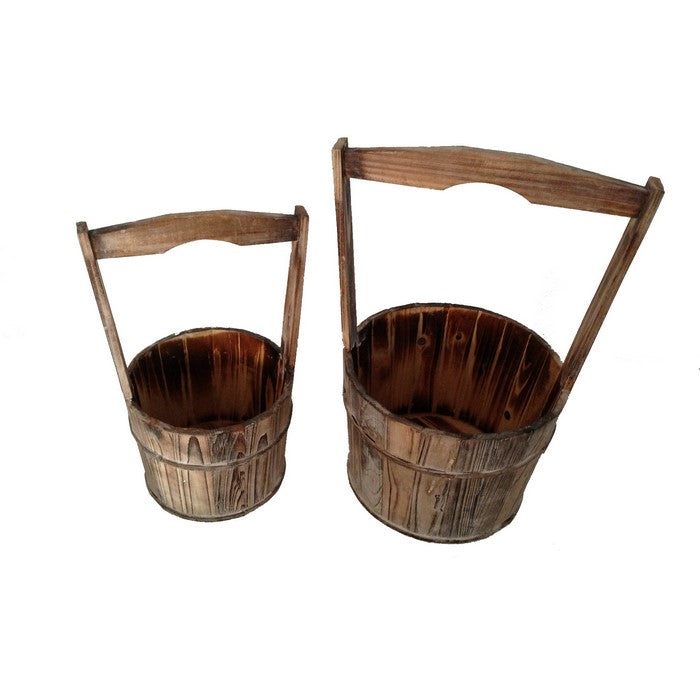 Old School Wooden Planters with Large Heightened Handles, Set of 2, Brown
