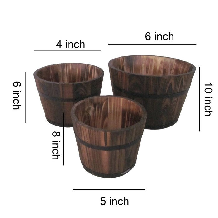 Traditional Round Shape Wooden Planters with Narrow Bottom, Set of 3, Brown
