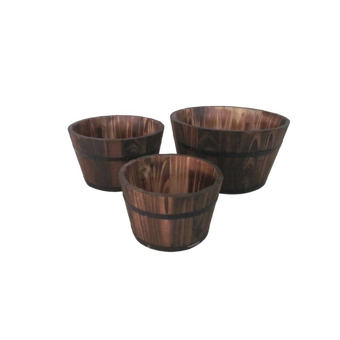 Traditional Round Shape Wooden Planters with Narrow Bottom, Set of 3, Brown