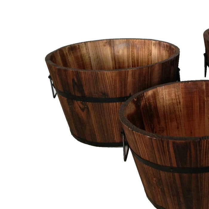 Round Wooden Planters with Narrow Bottom and Handles, Set of 3, Brown