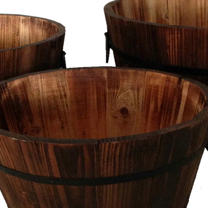 Round Wooden Planters with Narrow Bottom and Handles, Set of 3, Brown