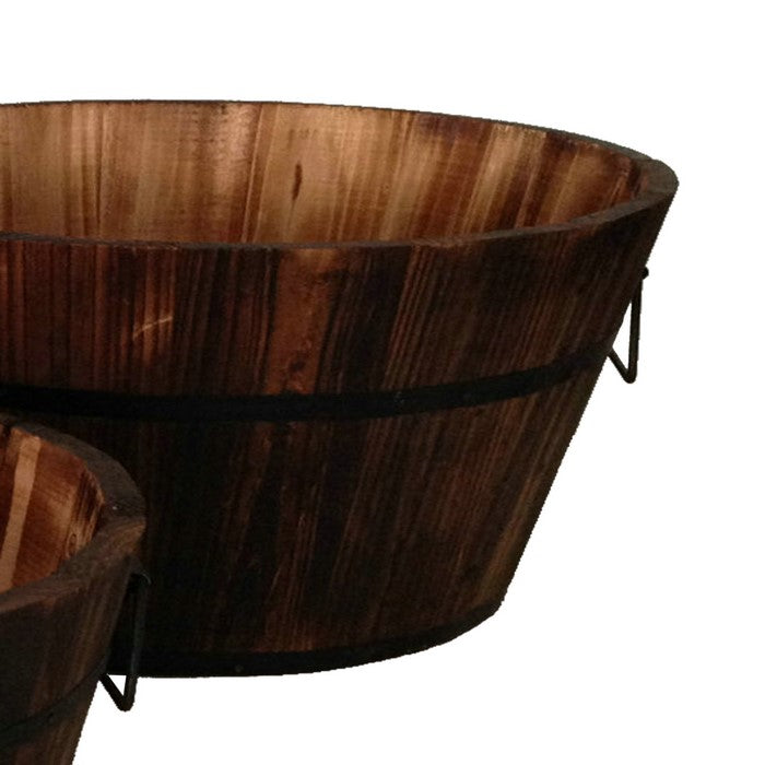 Round Wooden Planters with Narrow Bottom and Handles, Set of 3, Brown