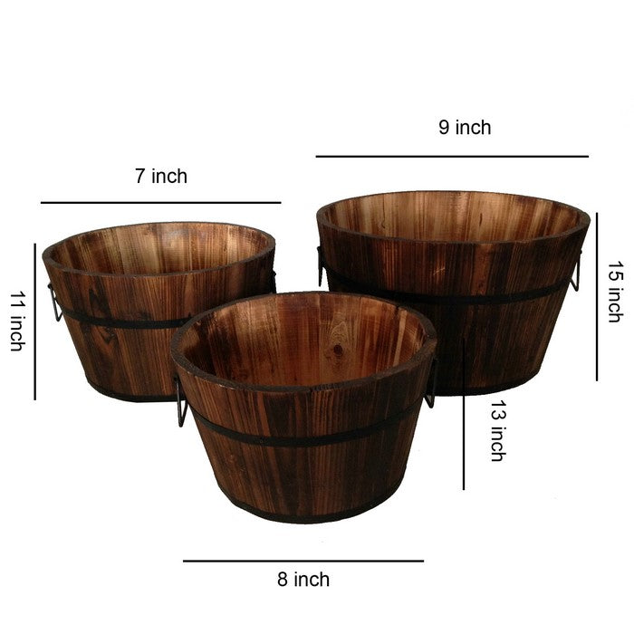Round Wooden Planters with Narrow Bottom and Handles, Set of 3, Brown