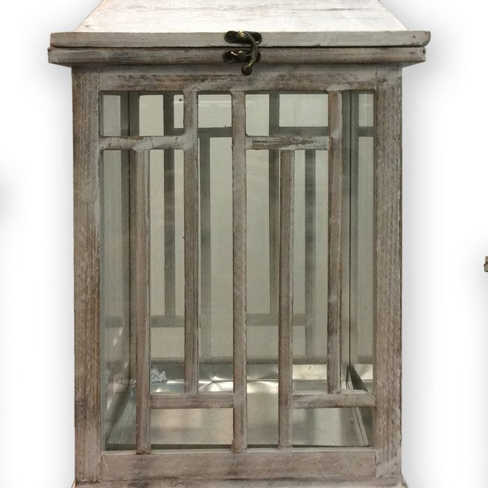 Wooden Lanterns with Peak Shaped Top and Glass Sides, Set of 3, Gray