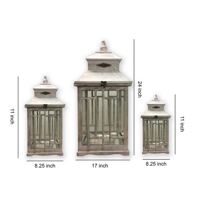 Wooden Lanterns with Peak Shaped Top and Glass Sides, Set of 3, Gray
