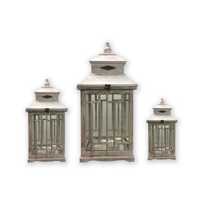 Wooden Lanterns with Peak Shaped Top and Glass Sides, Set of 3, Gray