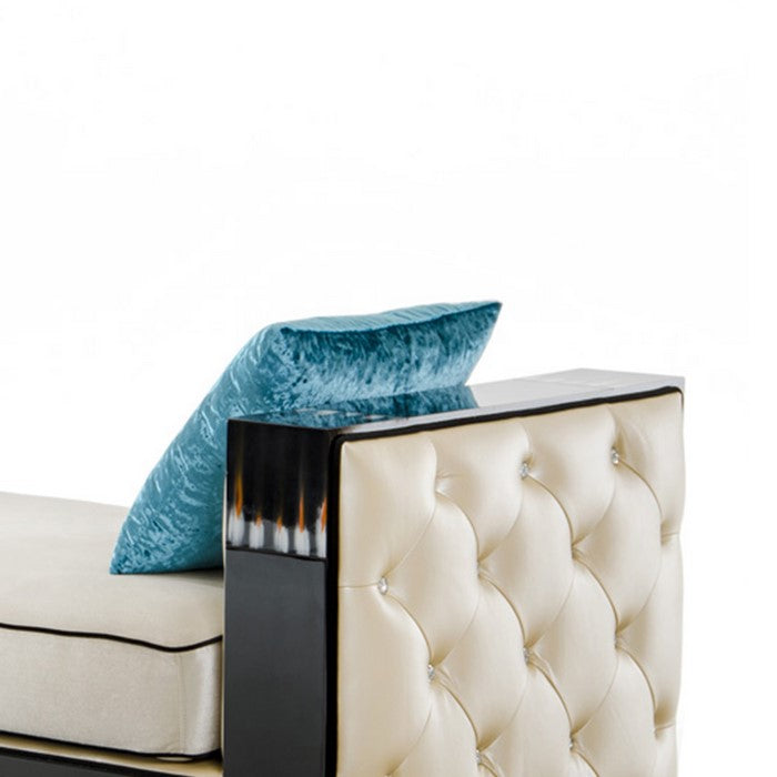 Fabric Upholstered Chaise with Crystal Tufted Sides, Black and Beige