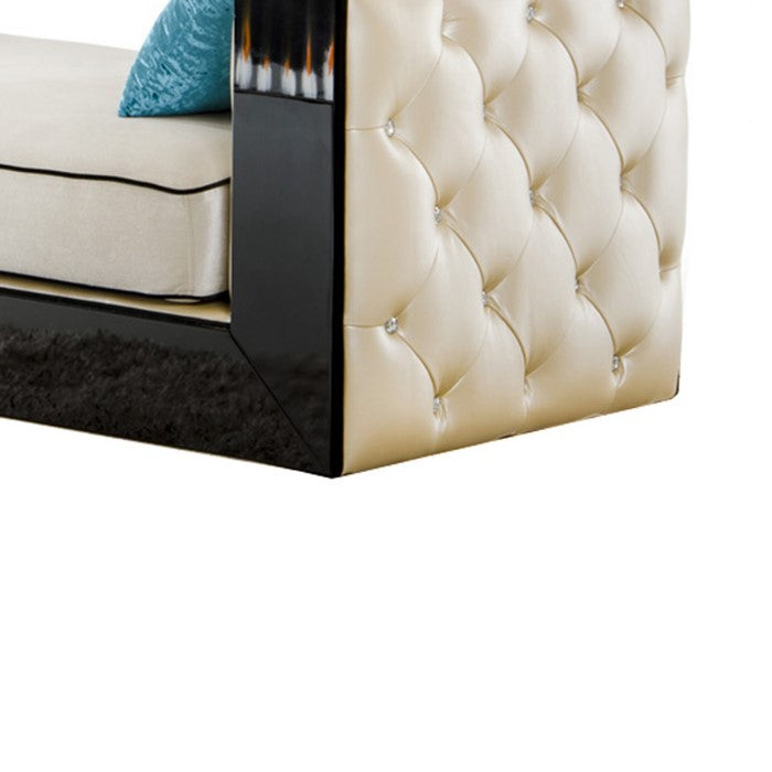 Fabric Upholstered Chaise with Crystal Tufted Sides, Black and Beige