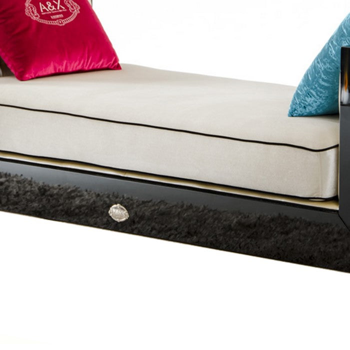 Fabric Upholstered Chaise with Crystal Tufted Sides, Black and Beige