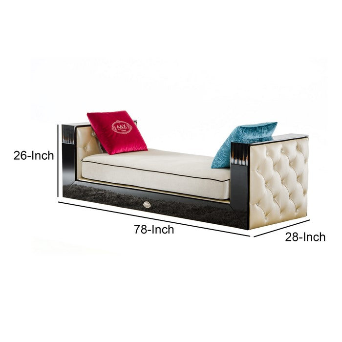 Fabric Upholstered Chaise with Crystal Tufted Sides, Black and Beige