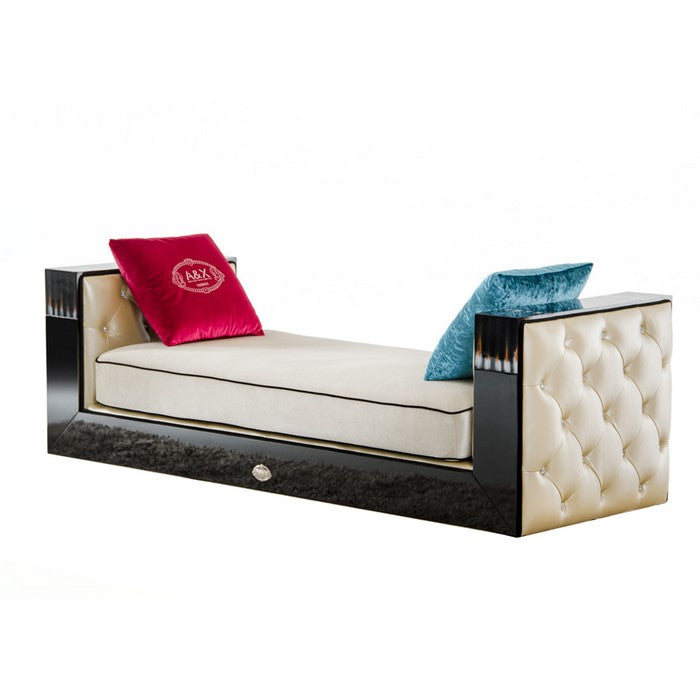 Fabric Upholstered Chaise with Crystal Tufted Sides, Black and Beige