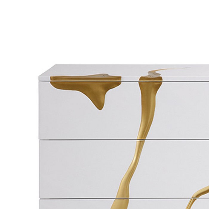 Wooden Dresser with 6 Drawers and Painted Accents, White and Gold