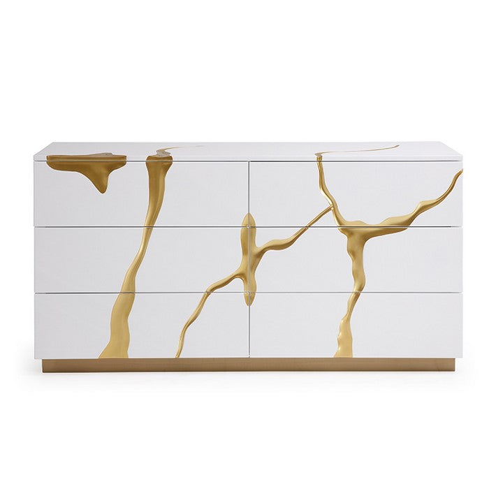 Wooden Dresser with 6 Drawers and Painted Accents, White and Gold
