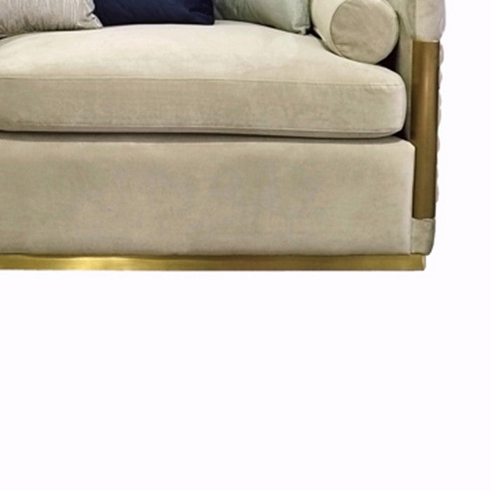 Fabric Upholstered Sofa with Metal Trim Accents, Beige and Gold