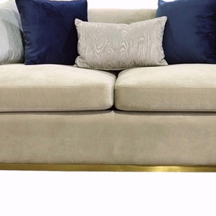 Fabric Upholstered Sofa with Metal Trim Accents, Beige and Gold