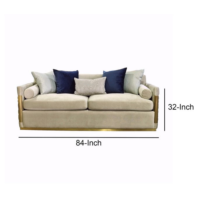 Fabric Upholstered Sofa with Metal Trim Accents, Beige and Gold