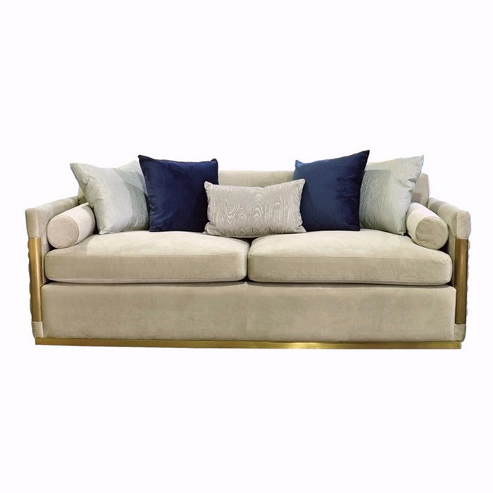 Fabric Upholstered Sofa with Metal Trim Accents, Beige and Gold