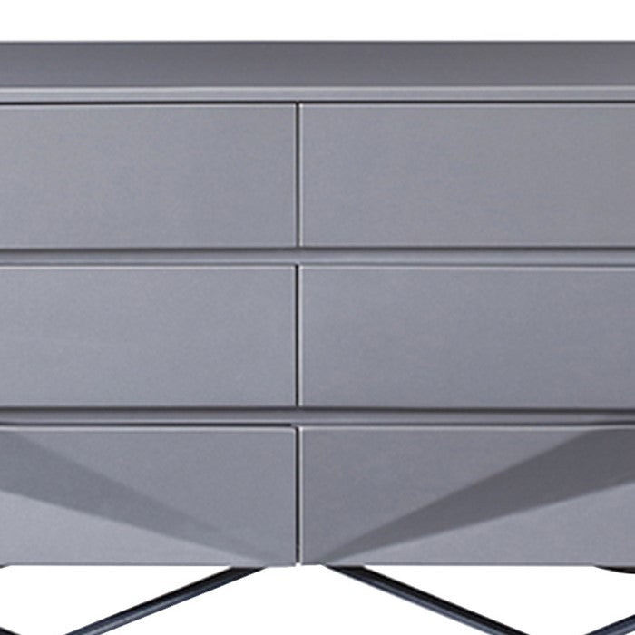 Wooden Dresser with 6 Drawers and V Shaped Metal Legs, Gray