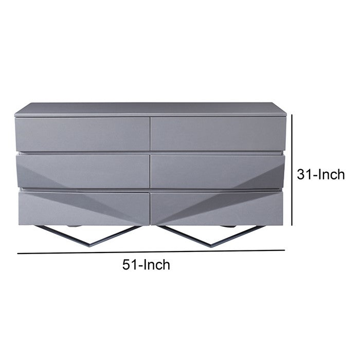 Wooden Dresser with 6 Drawers and V Shaped Metal Legs, Gray