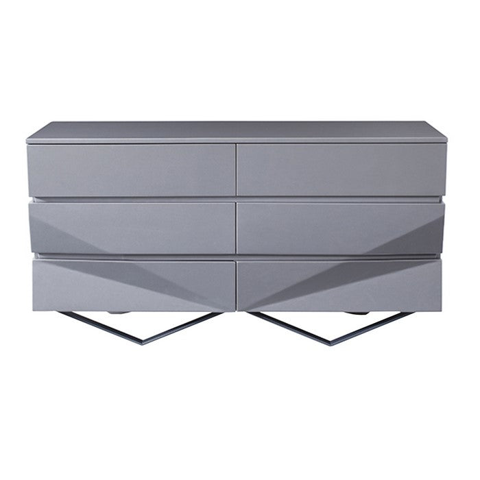 Wooden Dresser with 6 Drawers and V Shaped Metal Legs, Gray