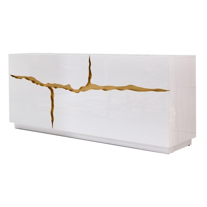 2 Drawer Wooden Buffet with 1 Side Open and 1 Pull Down Door,White and Gold