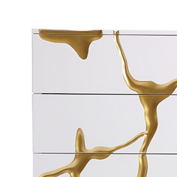 5 Drawer Wooden Chest with Painted Accents, White and Gold