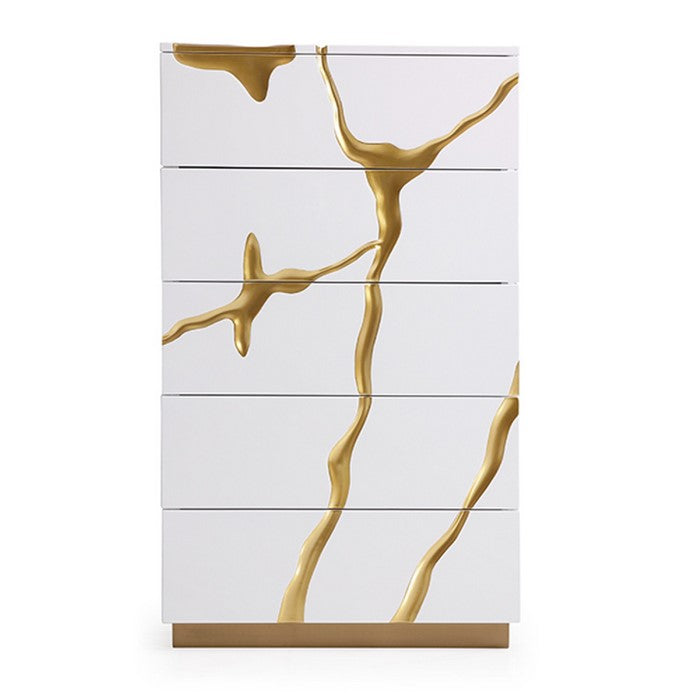 5 Drawer Wooden Chest with Painted Accents, White and Gold