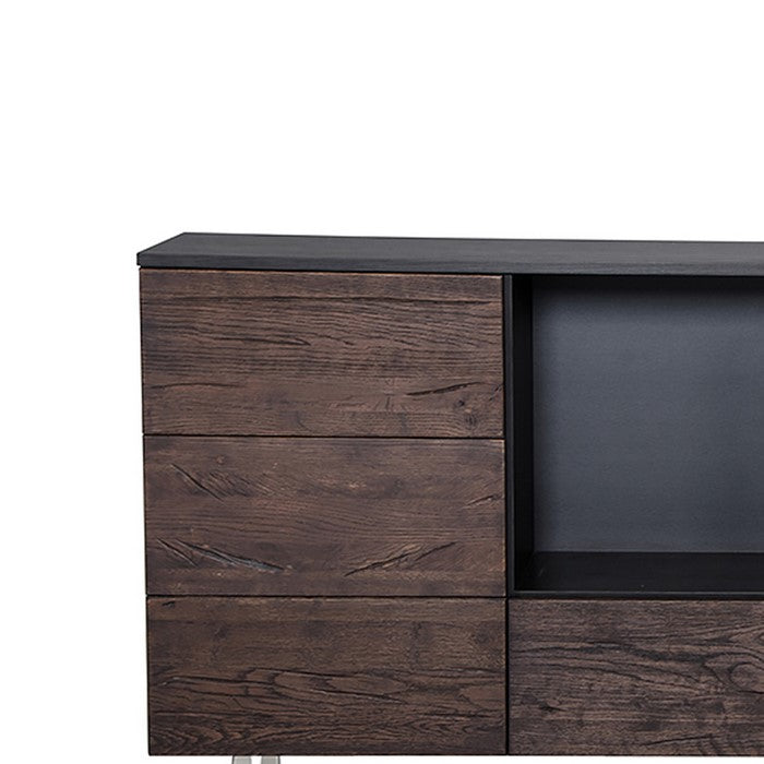 7 Drawer Wooden Buffet with Open Compartment, Brown