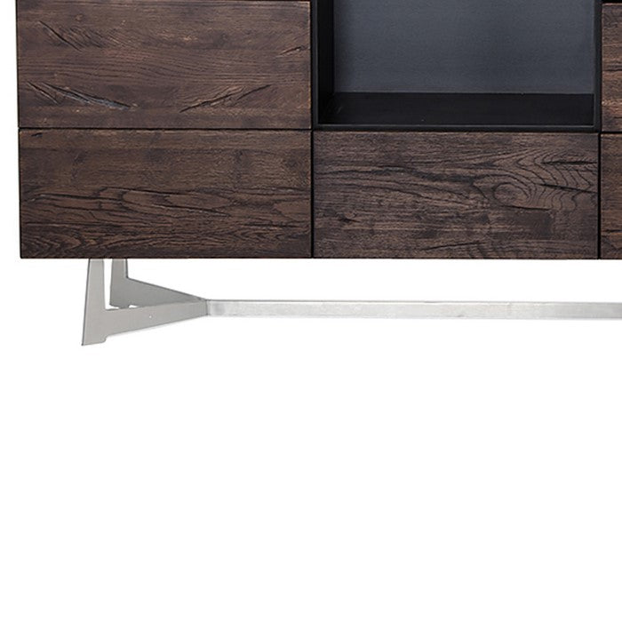 7 Drawer Wooden Buffet with Open Compartment, Brown