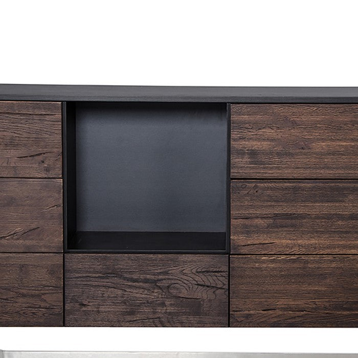 7 Drawer Wooden Buffet with Open Compartment, Brown