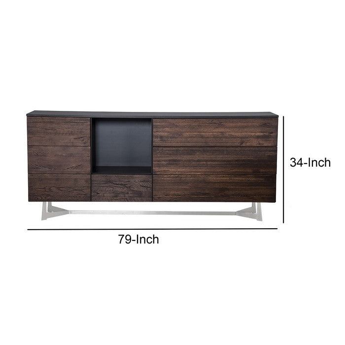 7 Drawer Wooden Buffet with Open Compartment, Brown