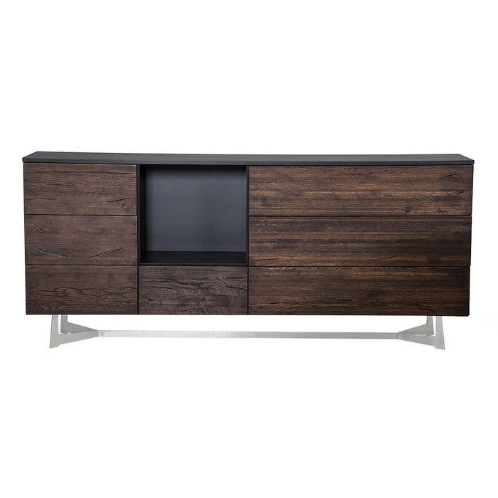 7 Drawer Wooden Buffet with Open Compartment, Brown