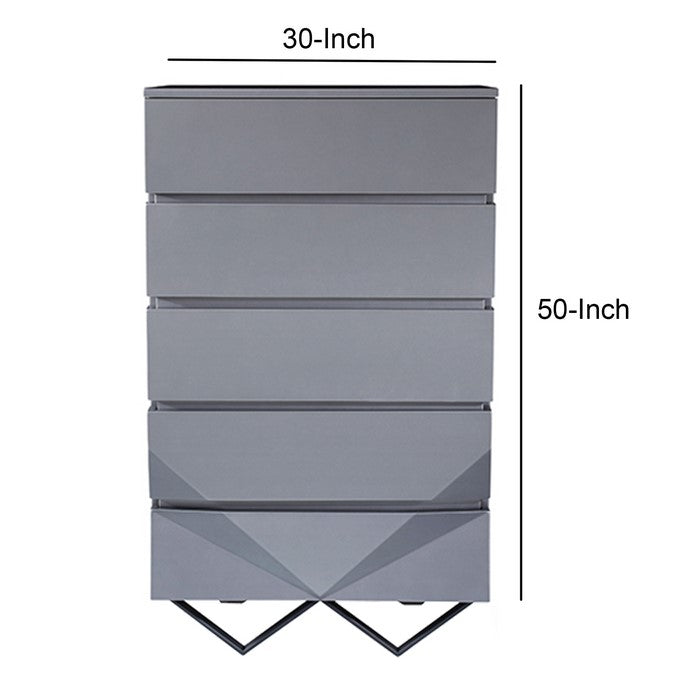 Wooden Chest with 5 Drawers and V Shaped Metal Legs, Gray
