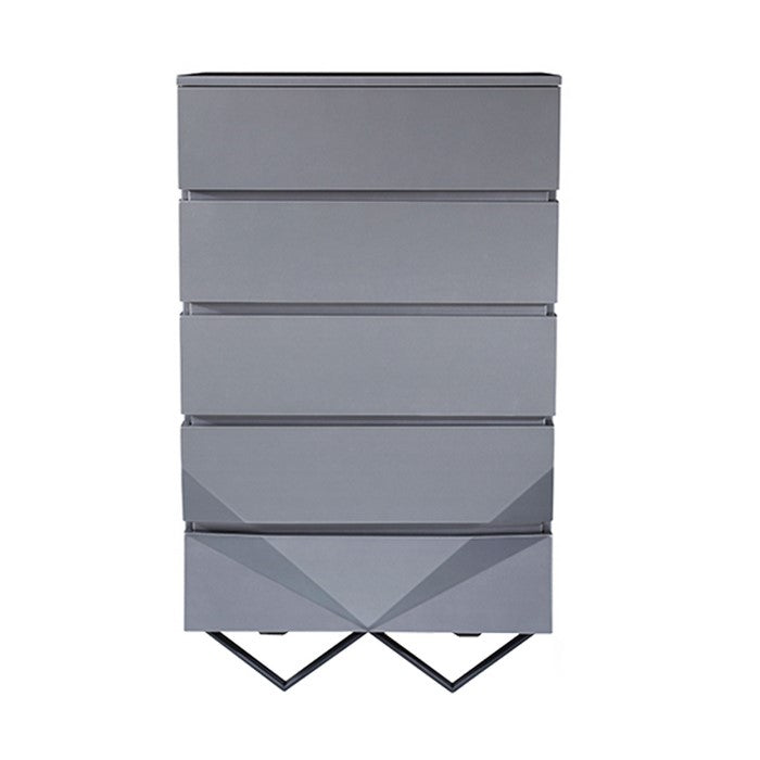 Wooden Chest with 5 Drawers and V Shaped Metal Legs, Gray