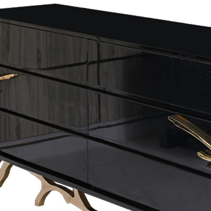 6 Drawer Wooden Dresser with Metal Legs and Accents, Black and Gold
