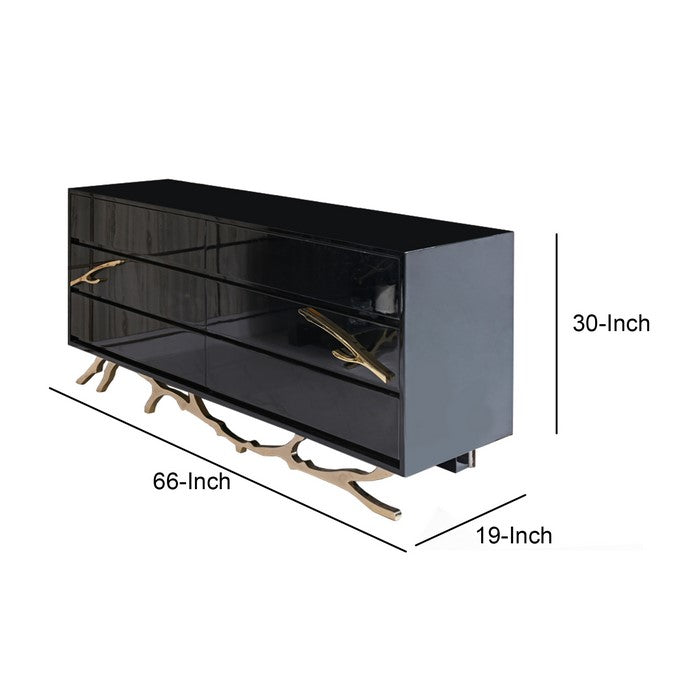 6 Drawer Wooden Dresser with Metal Legs and Accents, Black and Gold