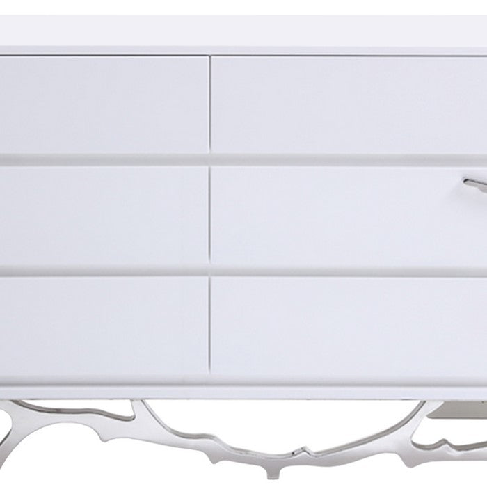 6 Drawer Wooden Dresser with Metal Legs and Accents, White and Silver