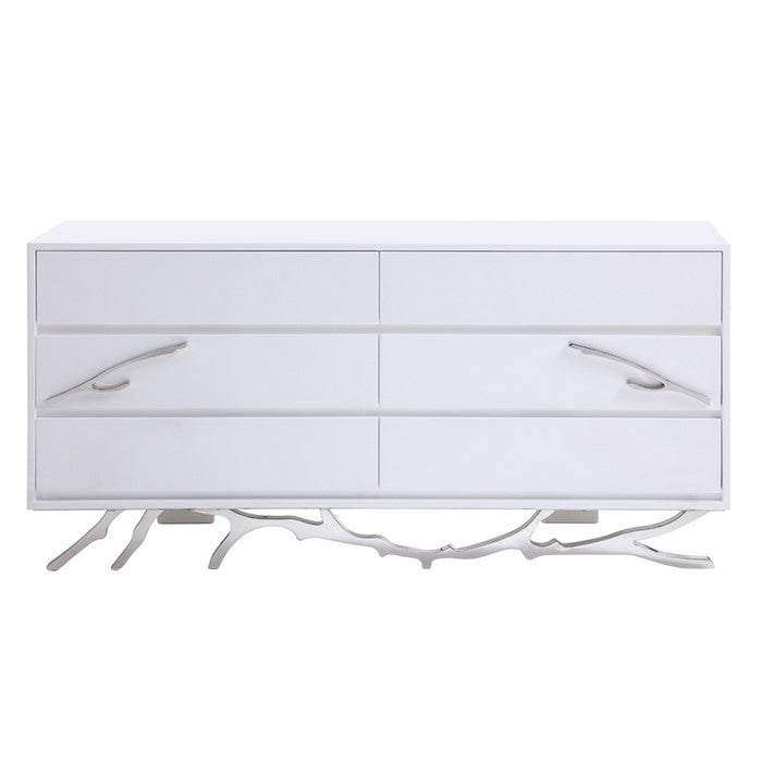 6 Drawer Wooden Dresser with Metal Legs and Accents, White and Silver