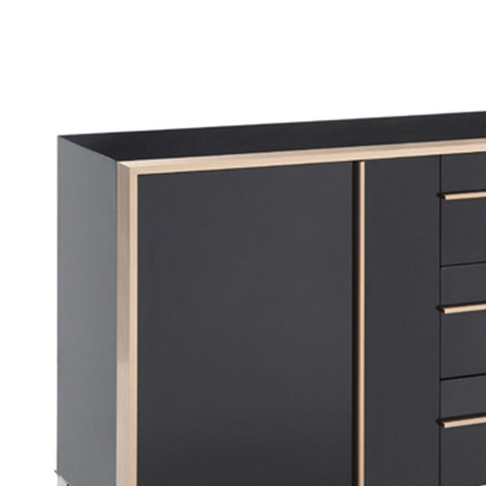 3 Drawer Wooden Buffet with 2 Cabinets and 2 Shelves, Black and Gold