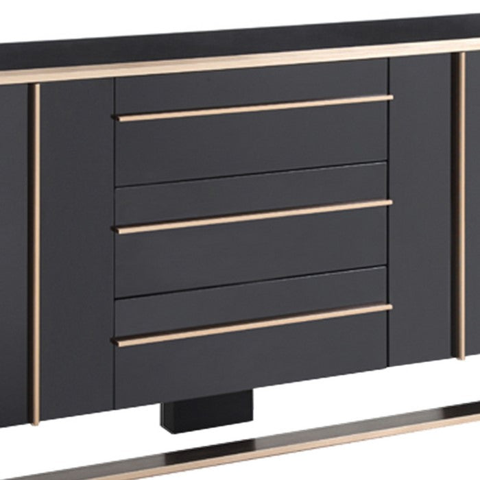 3 Drawer Wooden Buffet with 2 Cabinets and 2 Shelves, Black and Gold