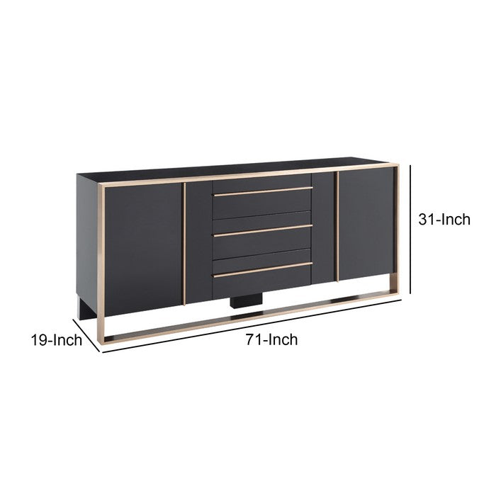 3 Drawer Wooden Buffet with 2 Cabinets and 2 Shelves, Black and Gold