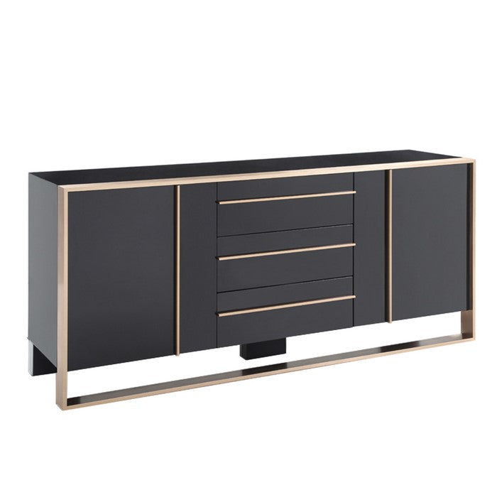 3 Drawer Wooden Buffet with 2 Cabinets and 2 Shelves, Black and Gold
