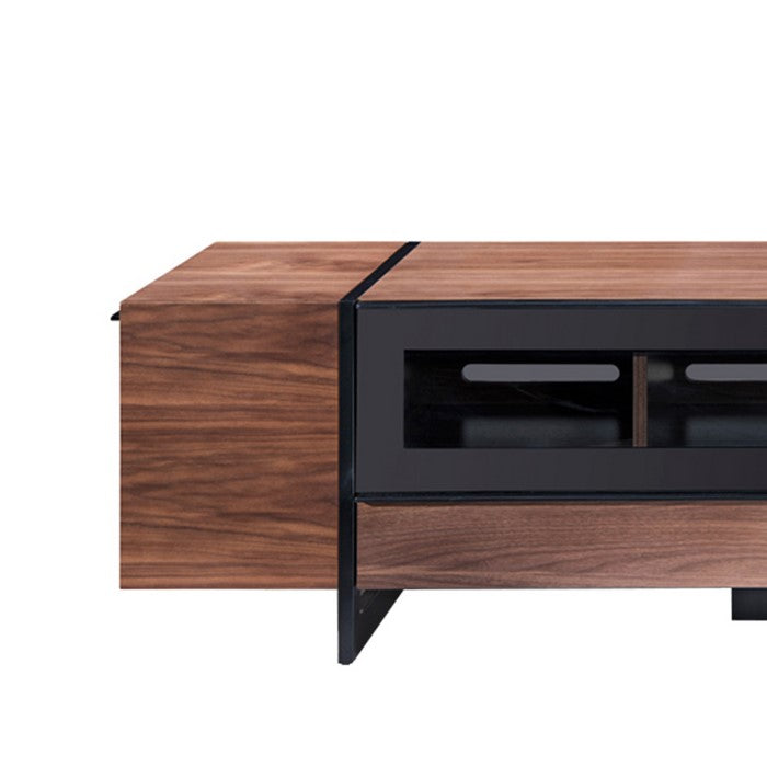 Wooden TV Stand with 4 Drawers and 3 Compartments, Brown and Black