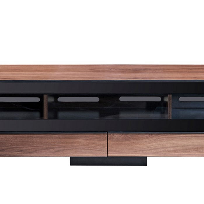 Wooden TV Stand with 4 Drawers and 3 Compartments, Brown and Black